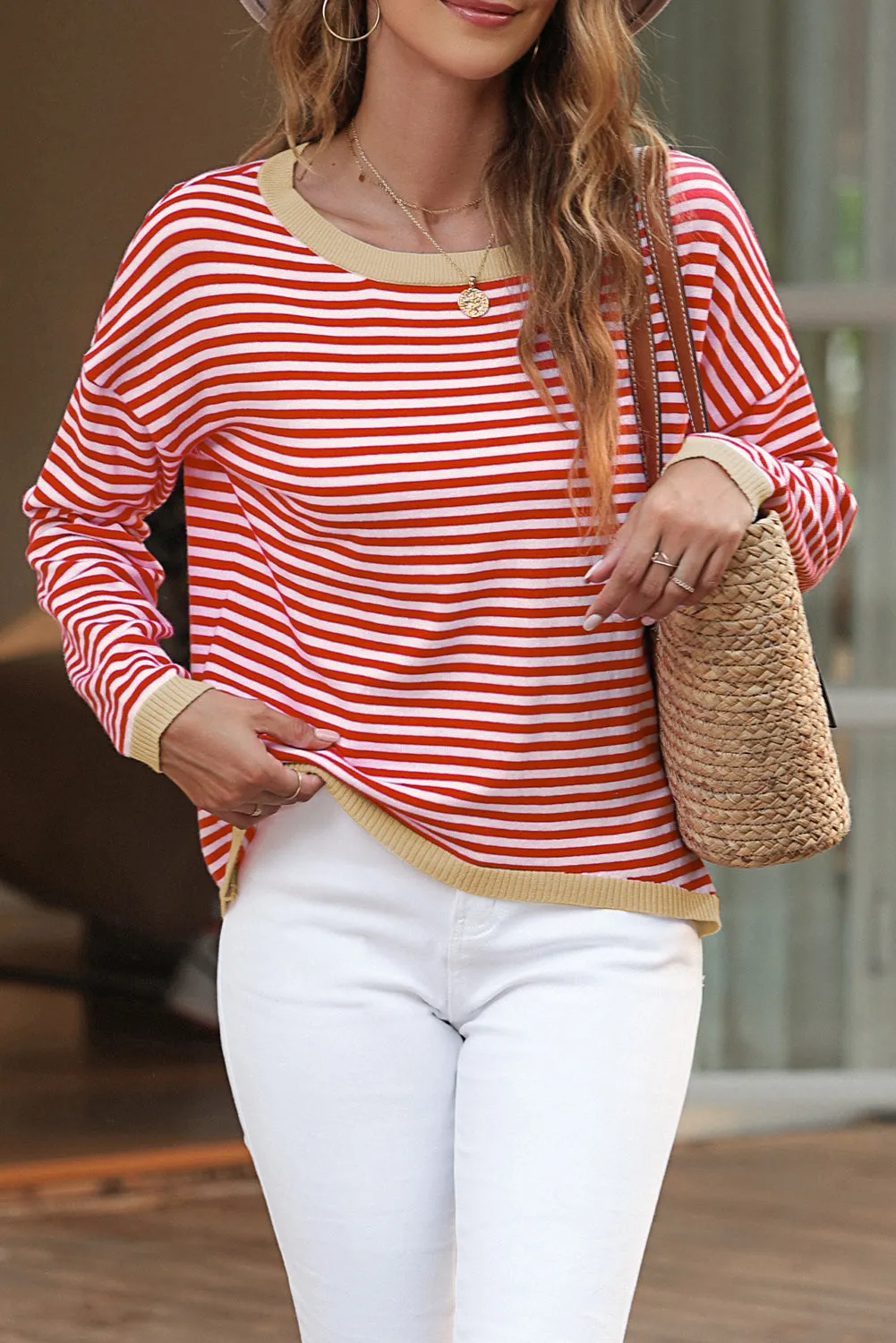 Contrast Trimmed Striped Drop Shoulder Sweater sold by eAura