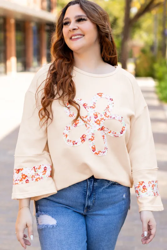 Beige Plus Size Flower Patched Side Slits Crewneck Top made by eAura