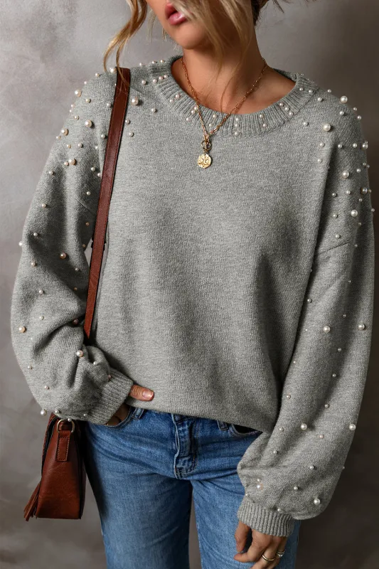 Light Grey Pearled Drop Shoulder Round Neck Sweater sold by eAura