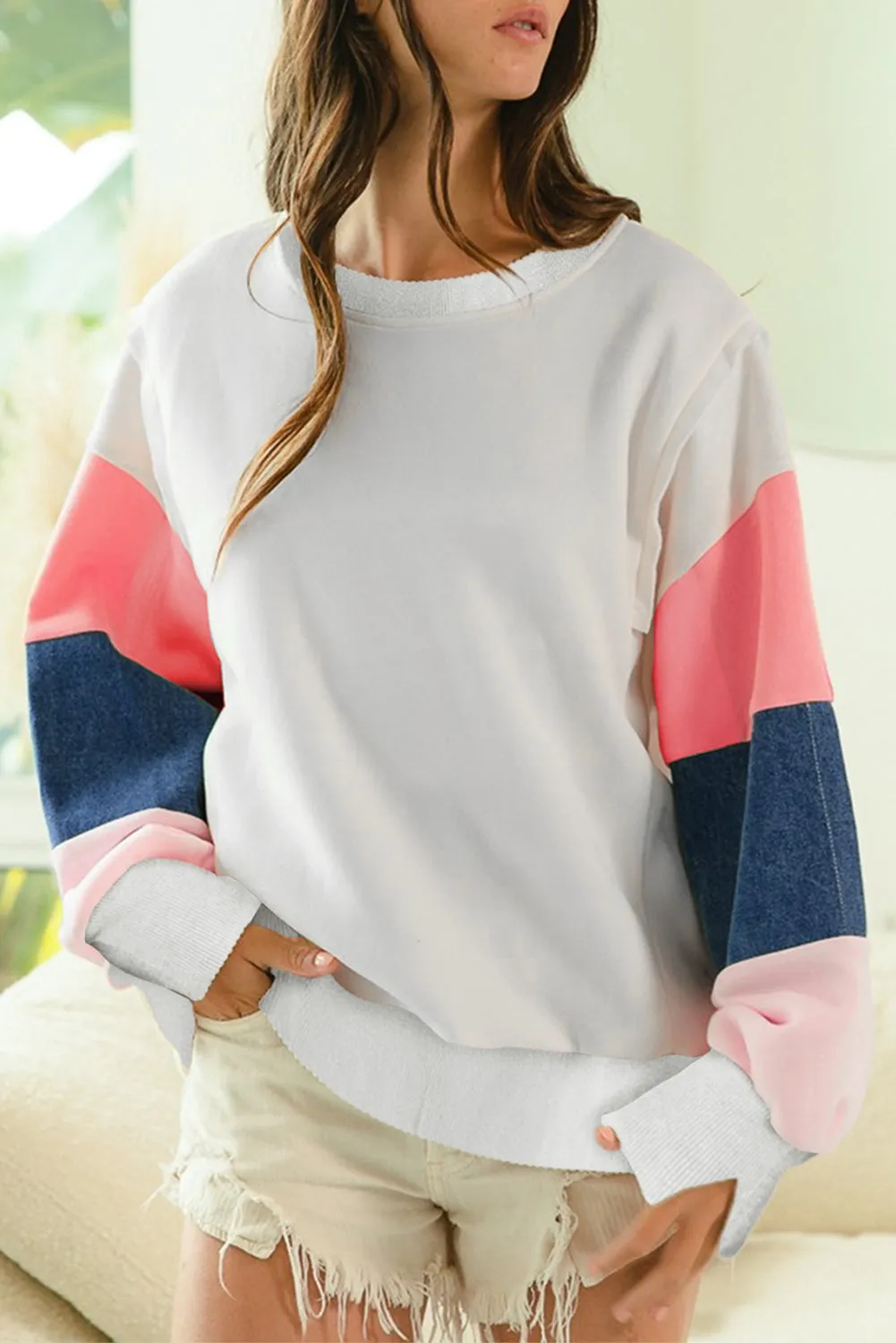White French Terry Colour Block Long Sleeve Top sold by eAura