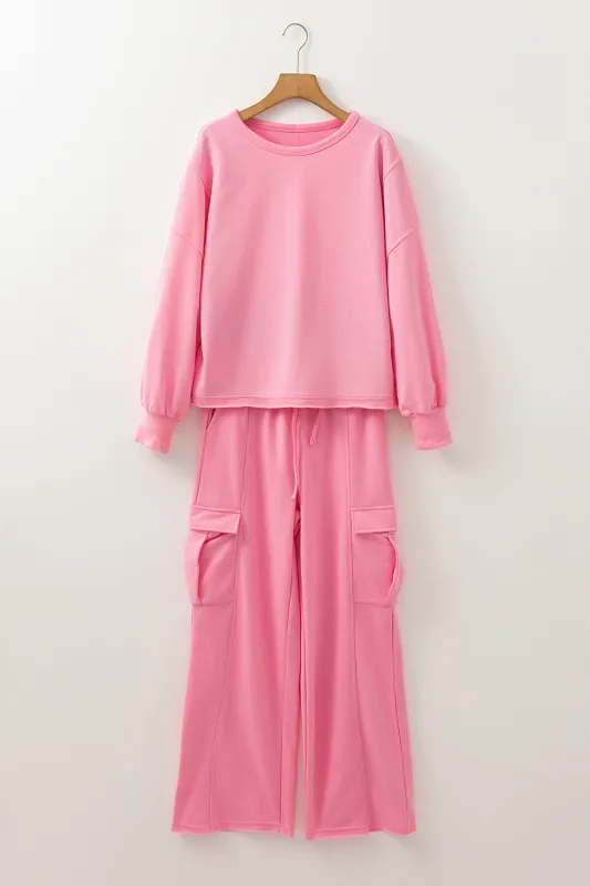 Sachet Pink Solid Colour Patchwork Pullover Top and Cargo Trousers Set sold by eAura