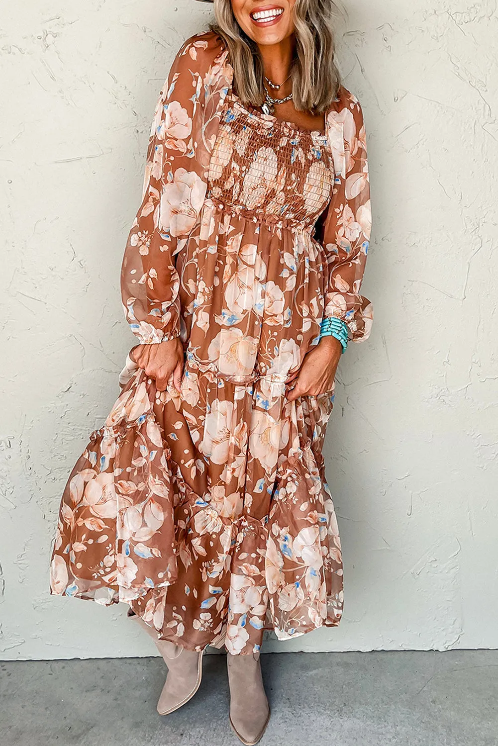 Brown Floral Print Shirred Square Neck High Waist Maxi Dress sold by eAura