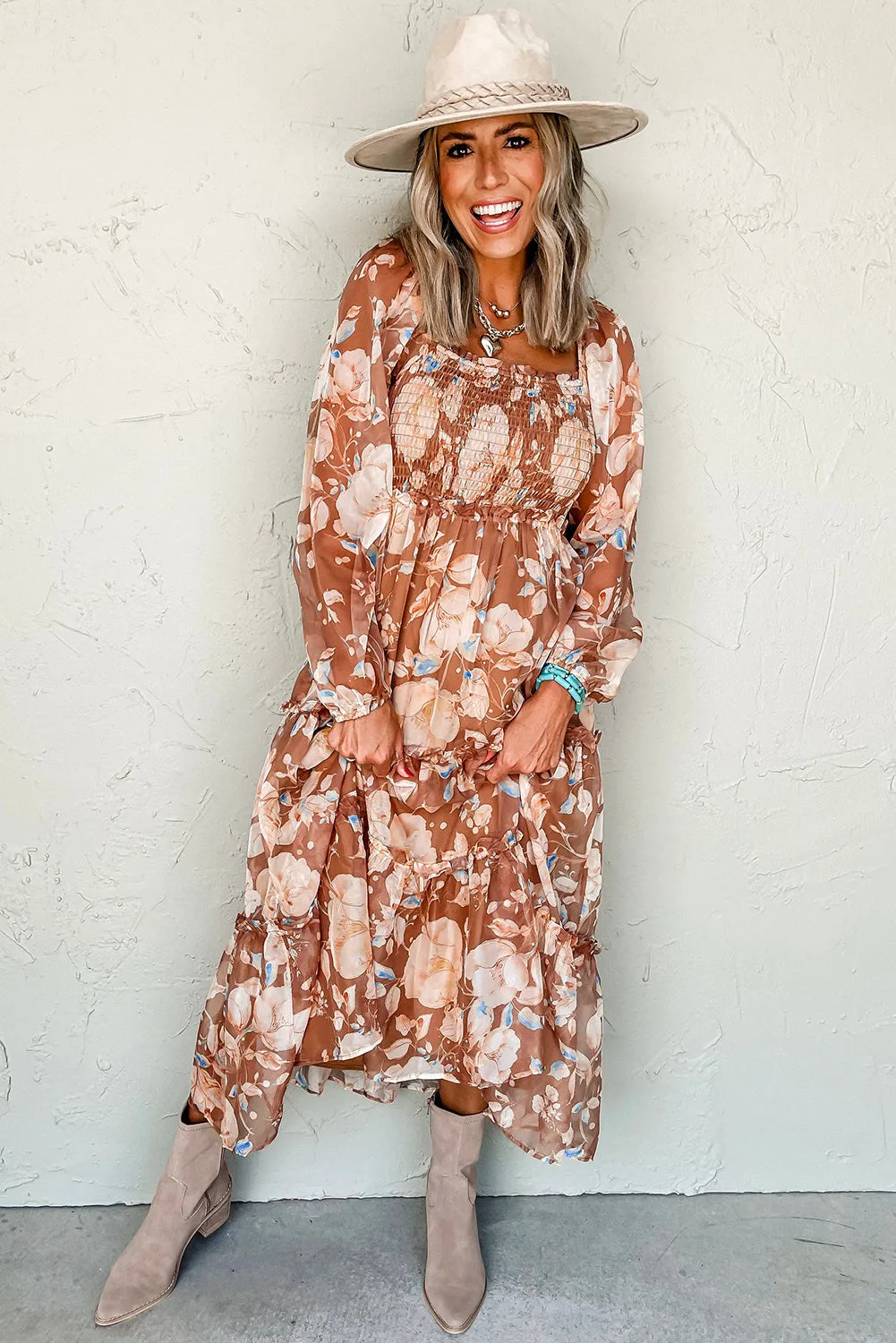 Brown Floral Print Shirred Square Neck High Waist Maxi Dress sold by eAura product image thumbnail 3