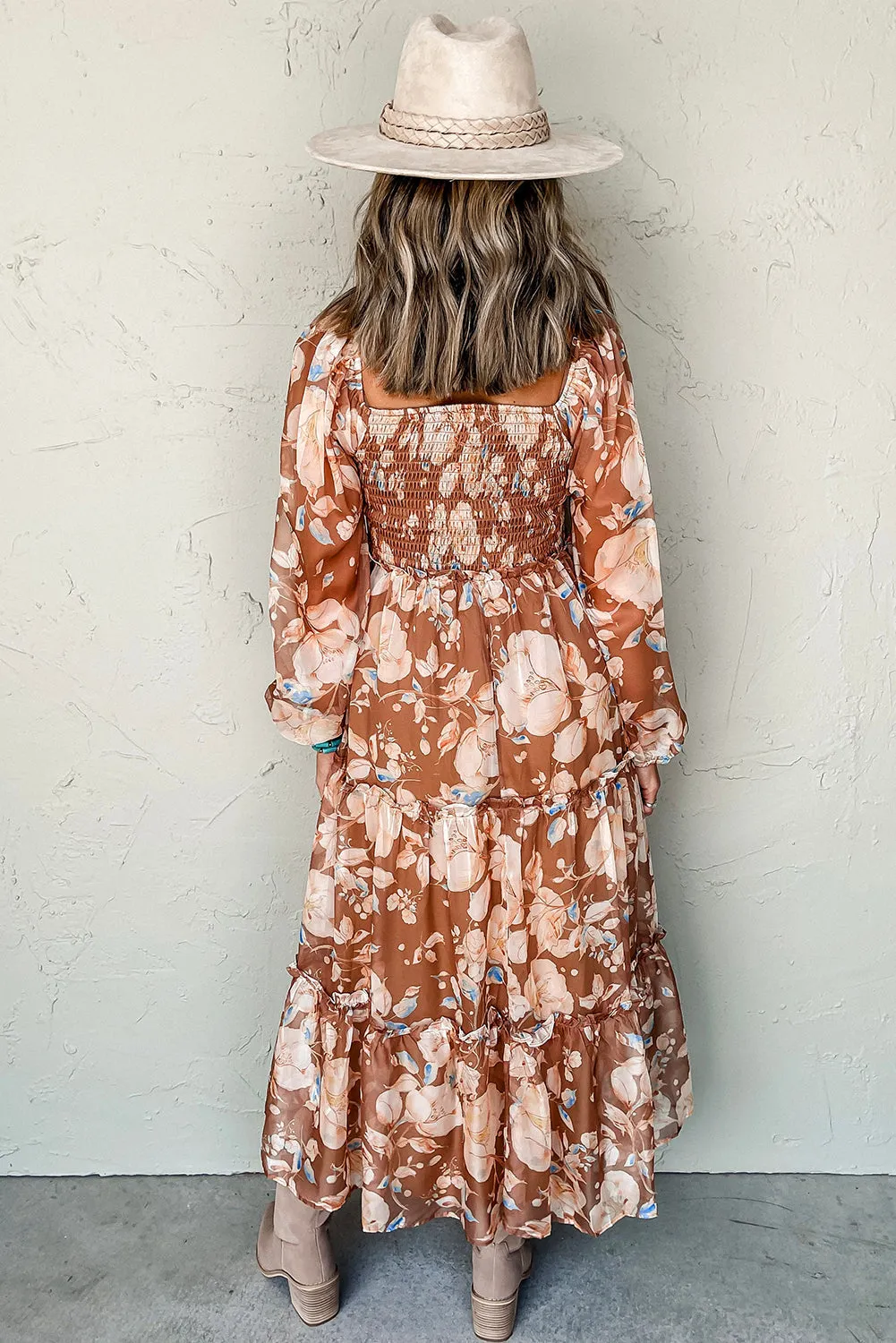 Brown Floral Print Shirred Square Neck High Waist Maxi Dress sold by eAura product image thumbnail 2