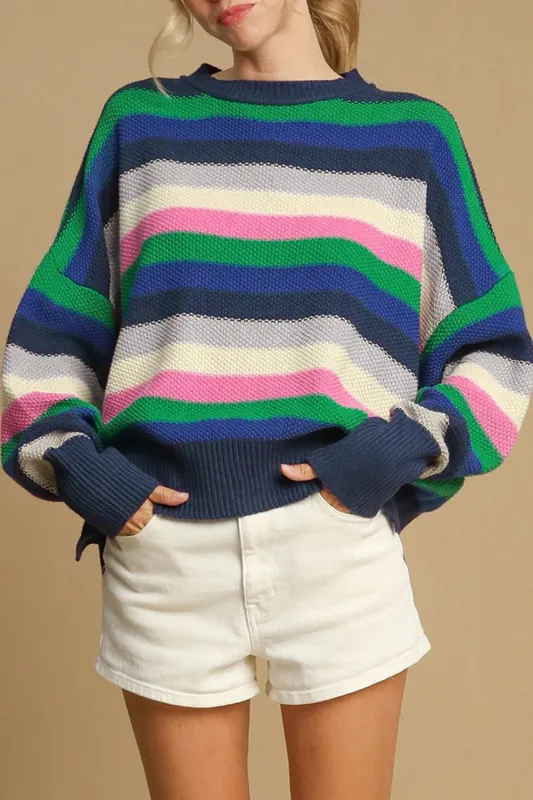 Bright Green Rainbow Striped Crew Neck Drop Shoulder Sweater sold by eAura