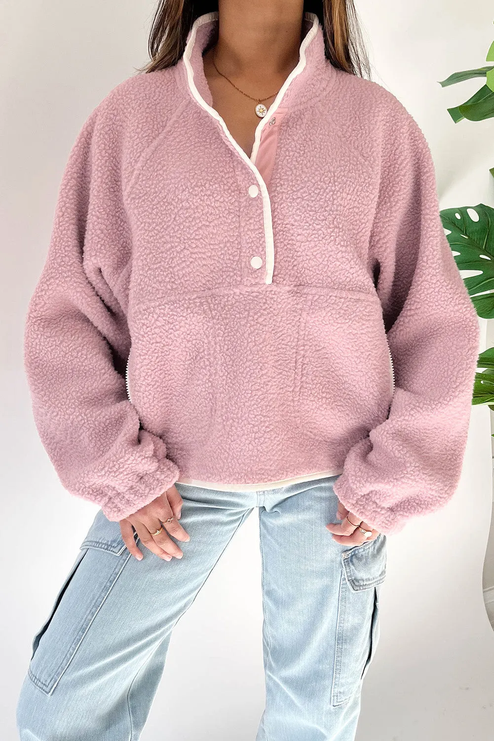 Fushia Stand Neck Half Button Zip Pocket Plush Sweatshirt sold by eAura product image thumbnail 3