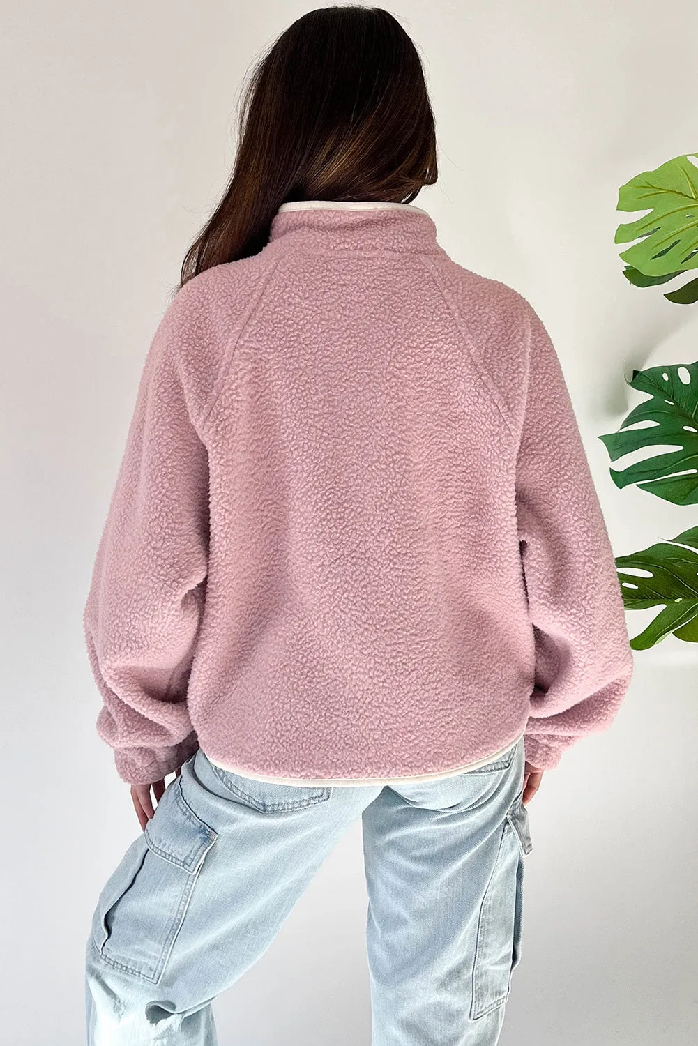 Fushia Stand Neck Half Button Zip Pocket Plush Sweatshirt sold by eAura product image thumbnail 2