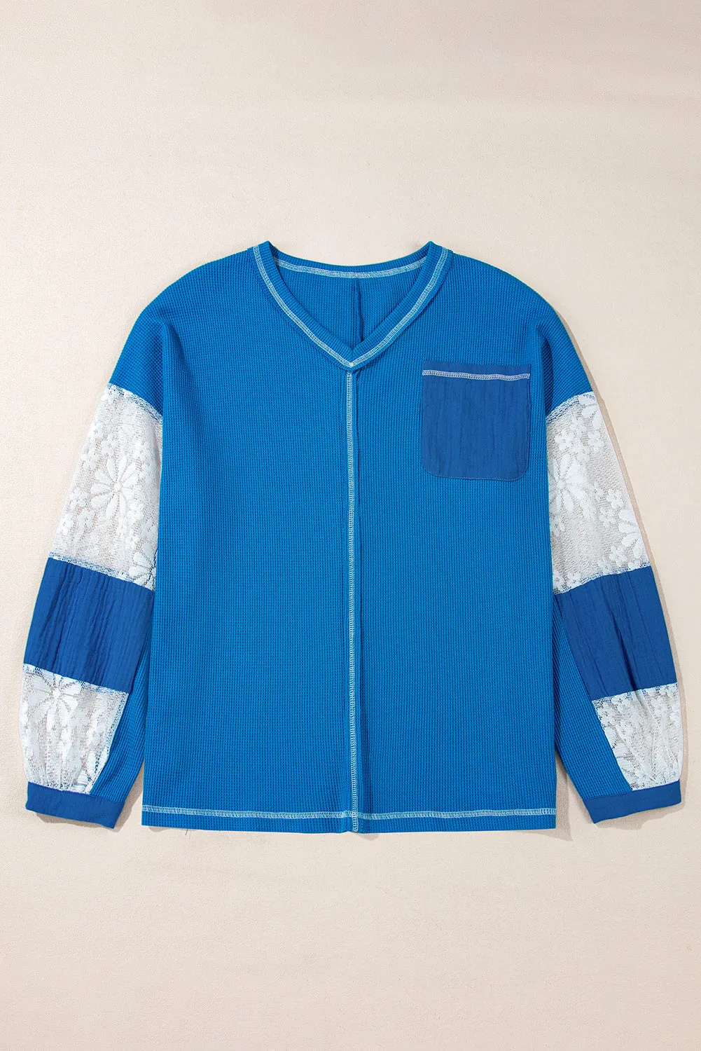 Sky Blue Lace Floral Patchwork Sleeve Stitching V Neck Rib Knit Blouse sold by eAura product image thumbnail 2