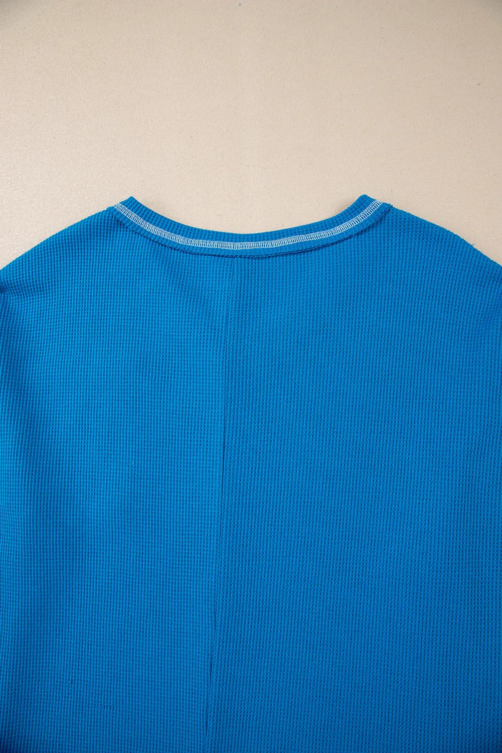 Sky Blue Lace Floral Patchwork Sleeve Stitching V Neck Rib Knit Blouse sold by eAura product image thumbnail 4