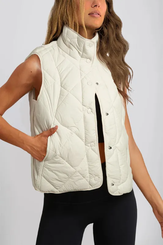 Beige Quilted High Neck Button Up Pocket Vest Coat sold by eAura