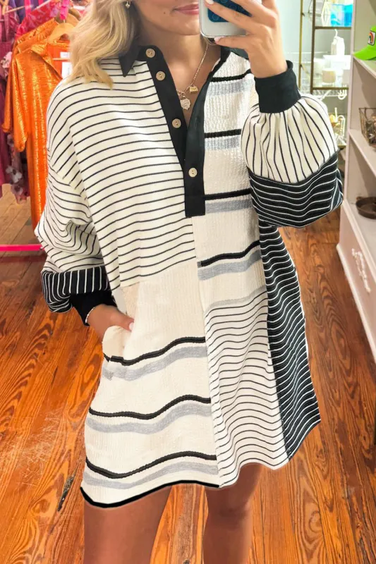 Black Stripe Colourblock Knit Henley Collar Shift Long Sleeve Mini Dress sold by eAura