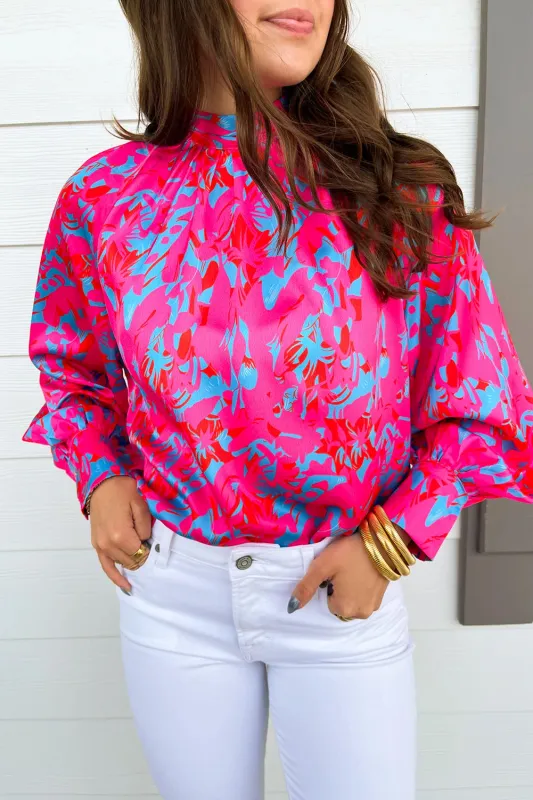 Purple Printed Bubble Sleeve Mock Neck Blouse made by eAura