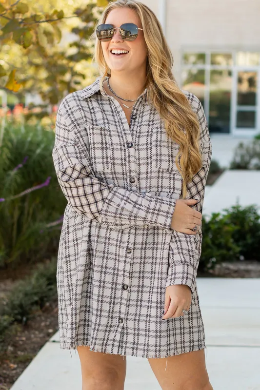 White Stripe Plus Size Plaid Buttoned Raw Hem Tunic Shirt Dress sold by eAura