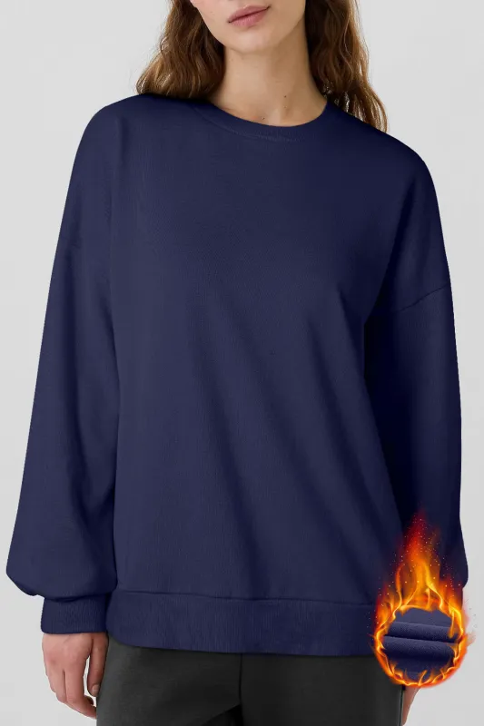 Navy Blue Solid Fleece Lined Drop Shoulder High Low Sweatshirt sold by eAura