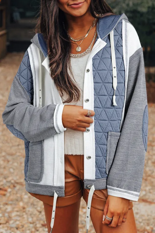 Light Blue Quilted Textured Patchwork Loose Fit Hooded Jacket sold by eAura