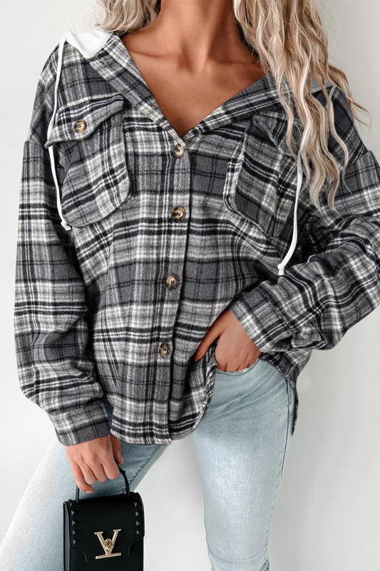 Black Plaid Print Flap Pockets Contrast Hooded Loose Shacket sold by eAura