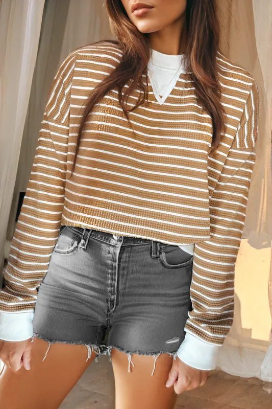 Khaki Stripe Patched Edge Textured Round Neck Long Sleeve Top sold by eAura