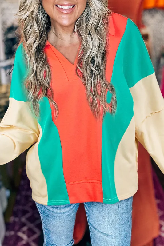Grapefruit Orange Colour Block Patchwork Collared V Neck Loose Top sold by eAura