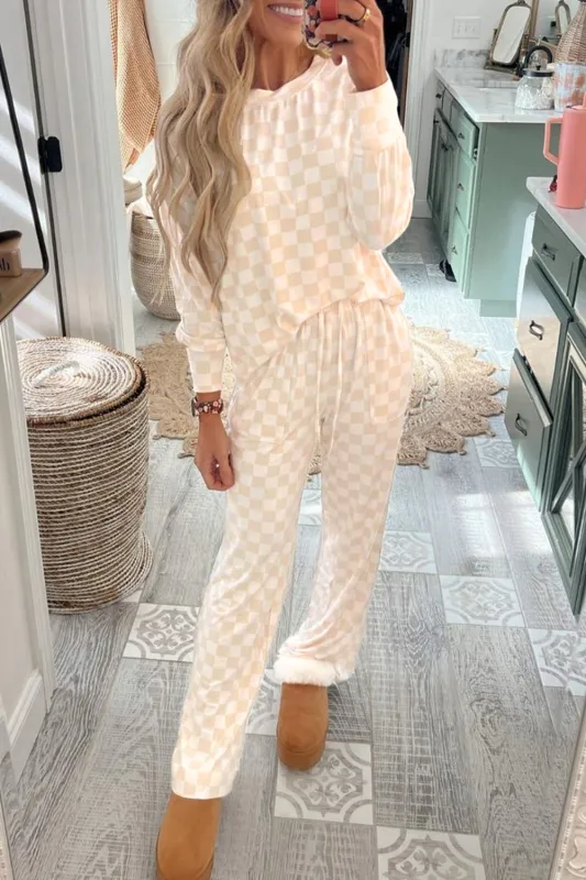 Beige Checkered Print Long Sleeve Top and Trousers Lounge Set sold by eAura
