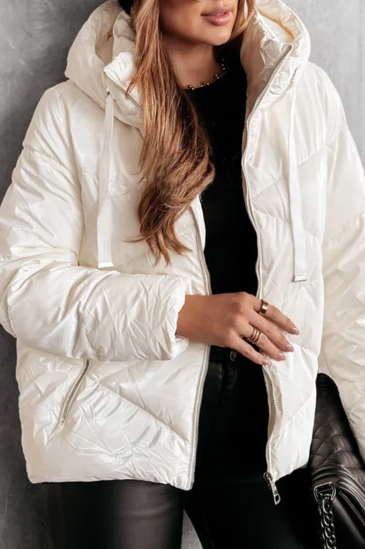 White Solid Quilted Hooded Zip Up Puffer Jackets sold by eAura