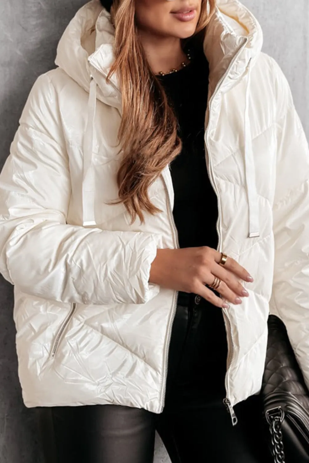 White Solid Quilted Hooded Zip Up Puffer Jackets sold by eAura