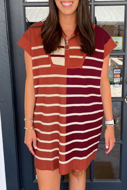 Brown Stripe Colour Block Quarter Zip Collar Short Sleeve Sweater Dress sold by eAura