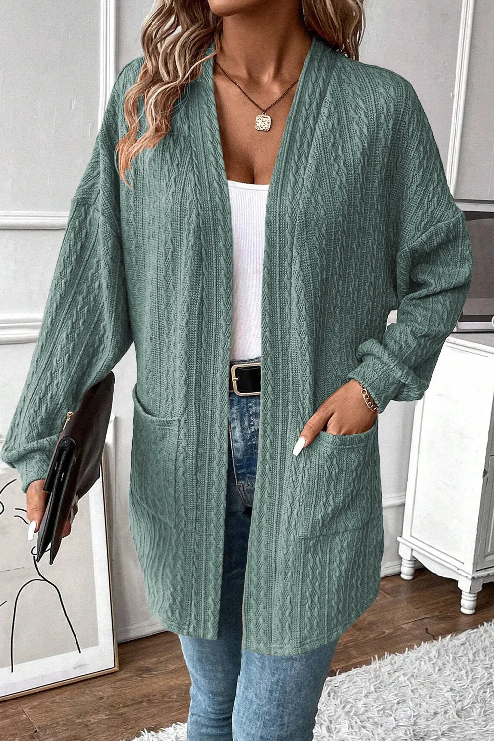 Canton Textured Knit Side Pockets Open Front Cardigan sold by eAura