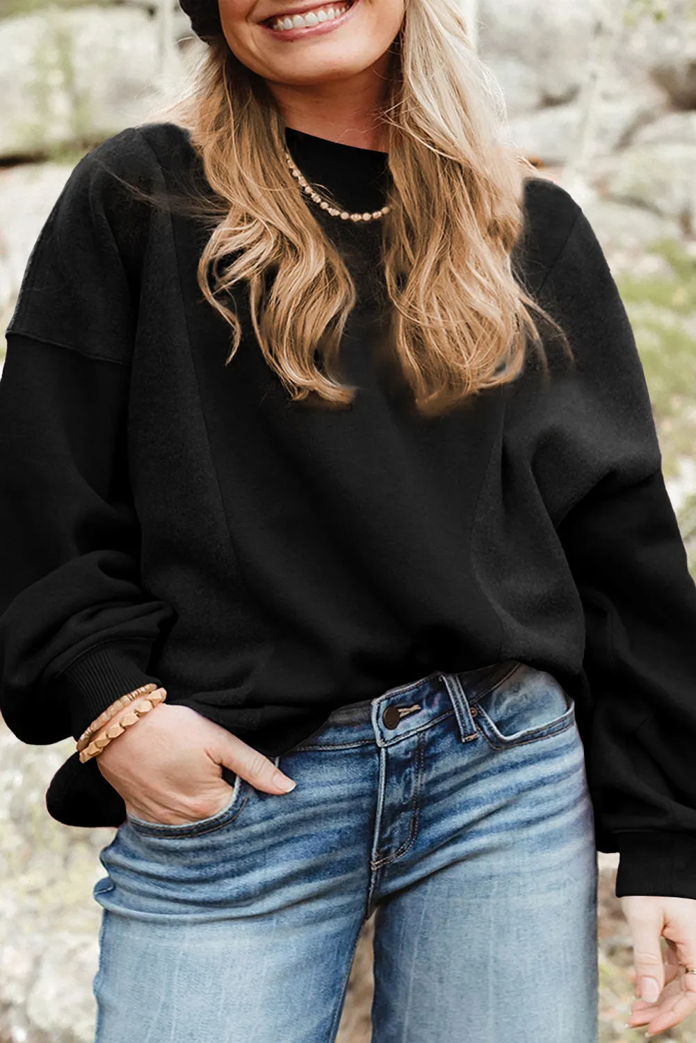 Black Loose Patchwork Crewneck Plus Size Sweatshirt sold by eAura
