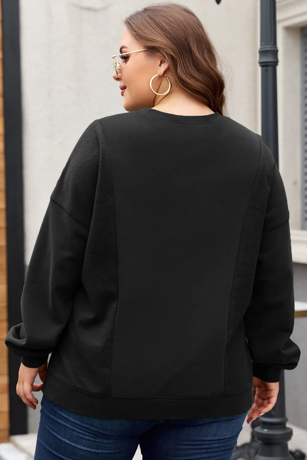 Black Loose Patchwork Crewneck Plus Size Sweatshirt sold by eAura product image thumbnail 5