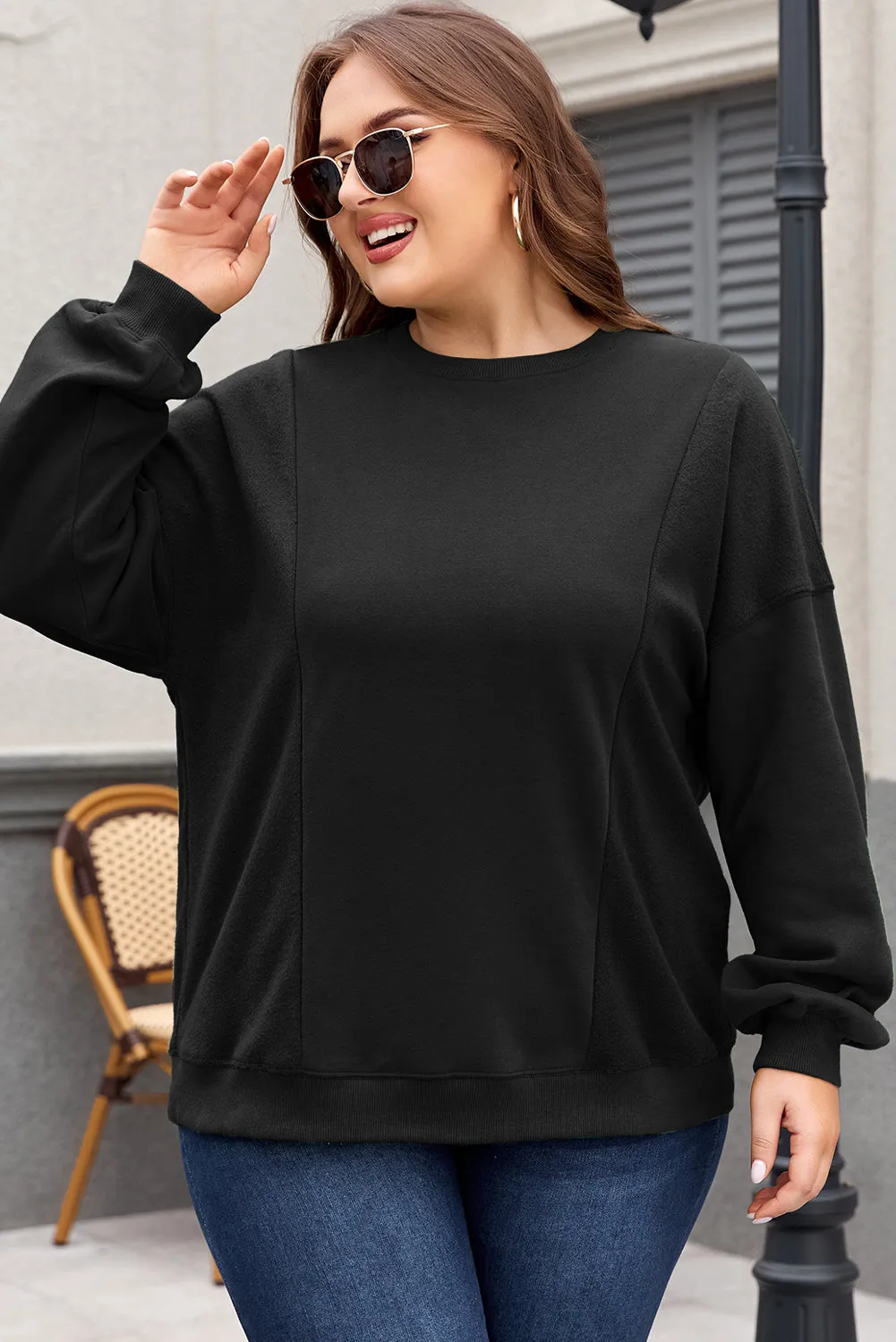 Black Loose Patchwork Crewneck Plus Size Sweatshirt sold by eAura product image thumbnail 4