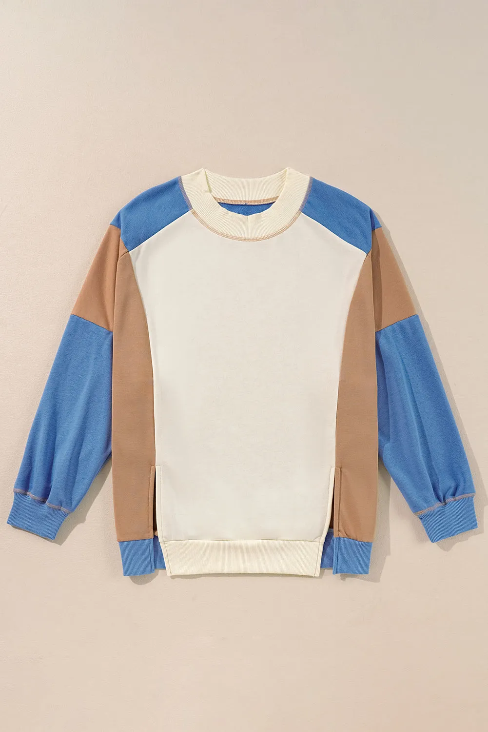 Sky Blue Ribbed Detail Colour Block Sleeve Baggy Sweatshirt sold by eAura product image thumbnail 3