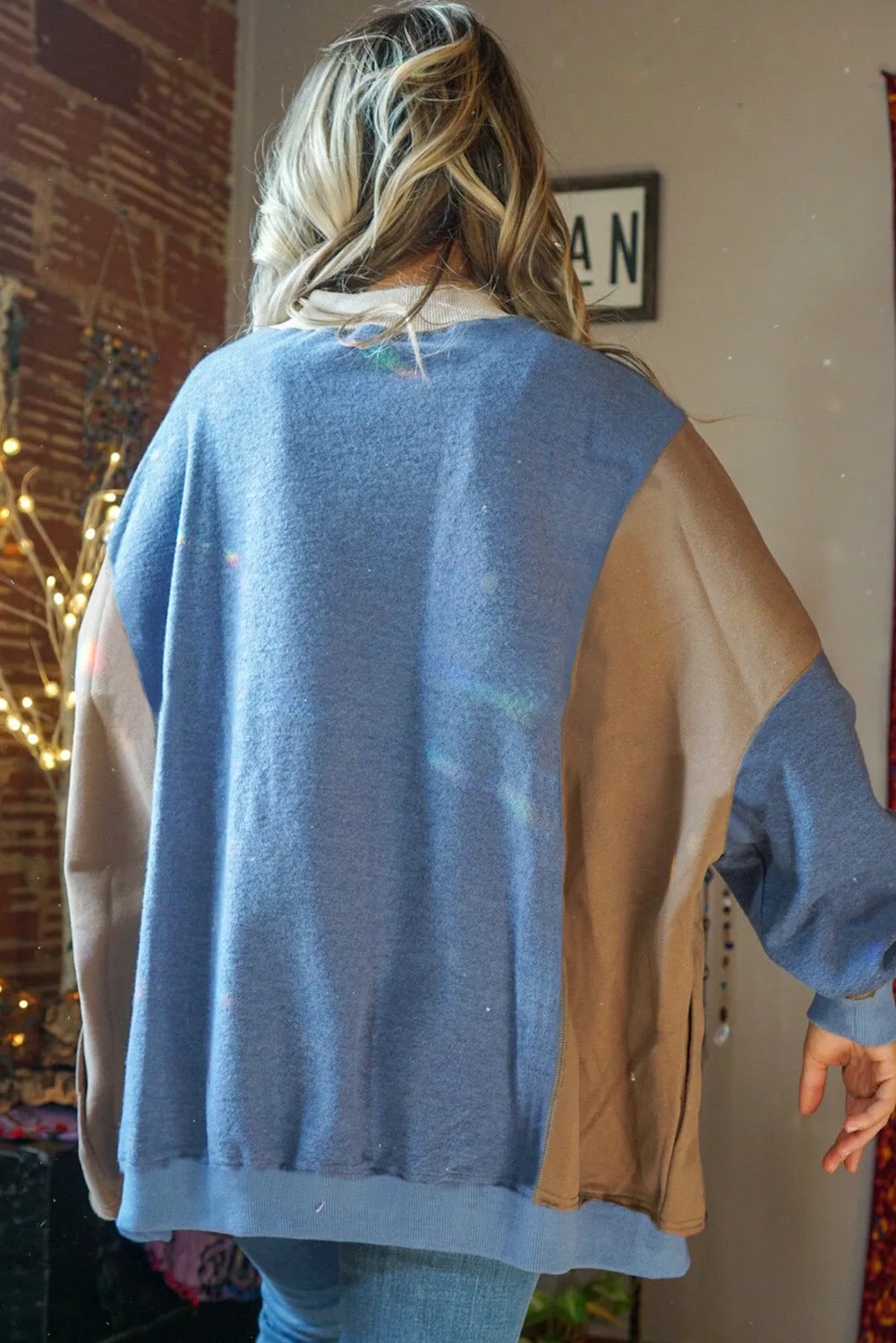 Sky Blue Ribbed Detail Colour Block Sleeve Baggy Sweatshirt sold by eAura product image thumbnail 2
