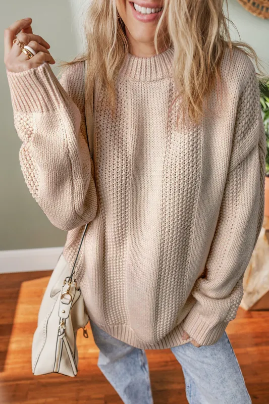 Pale Khaki Solid Colour Cable Knit Ribbed Loose Sweater sold by eAura