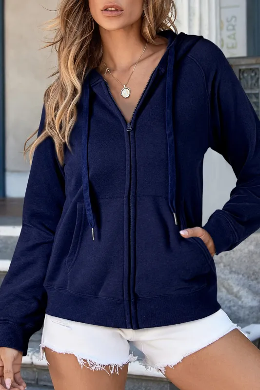 Navy Blue Solid Colour Fleece Lined Zip up Hoodie sold by eAura