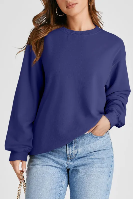 Navy Blue Plain Drop Shoulder Crewneck Pullover Sweatshirt sold by eAura