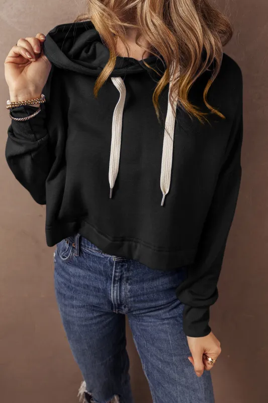 Black Solid Drop Shoulder Drawstring Cropped Hoodie sold by eAura