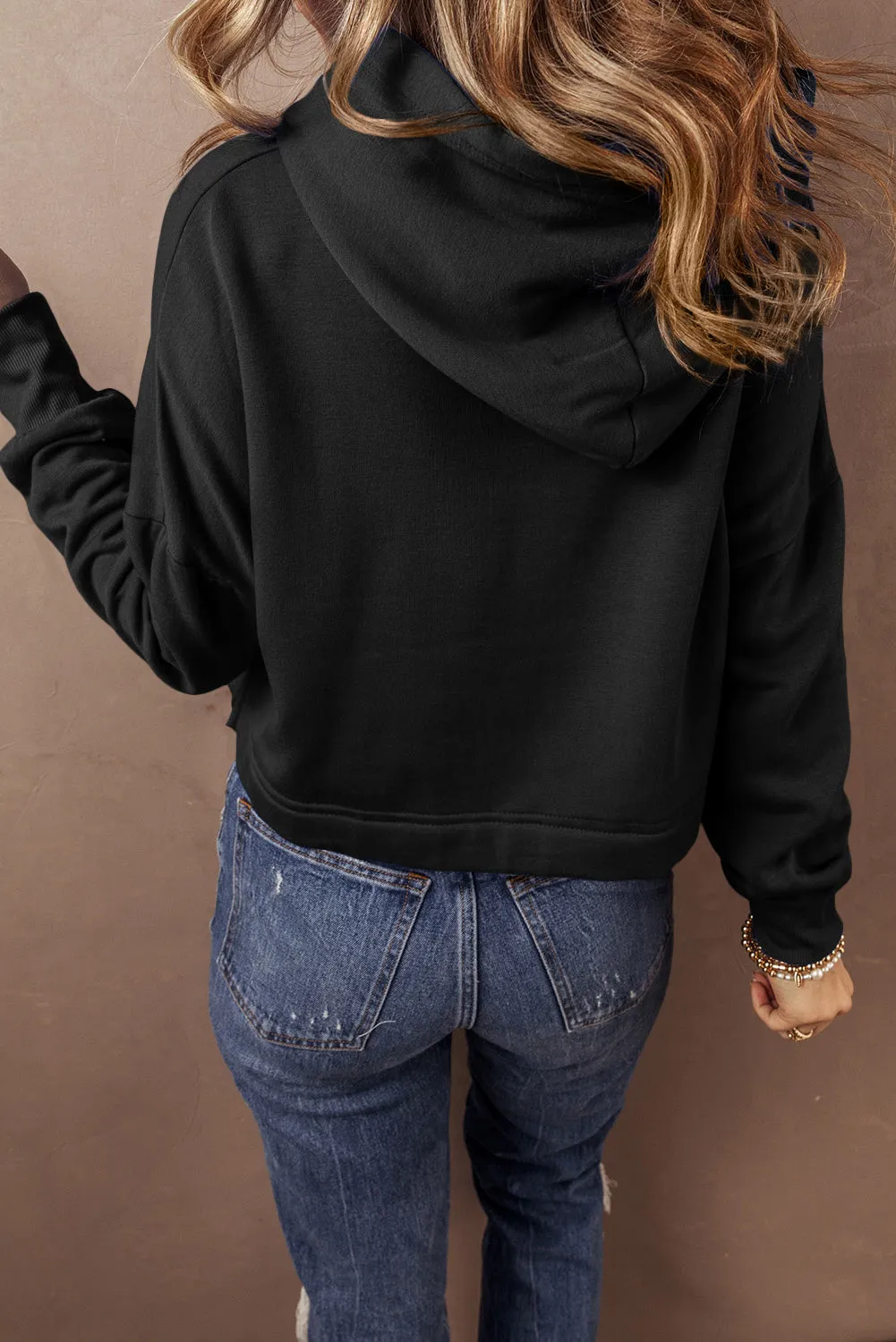 Black Solid Drop Shoulder Drawstring Cropped Hoodie sold by eAura product image thumbnail 2