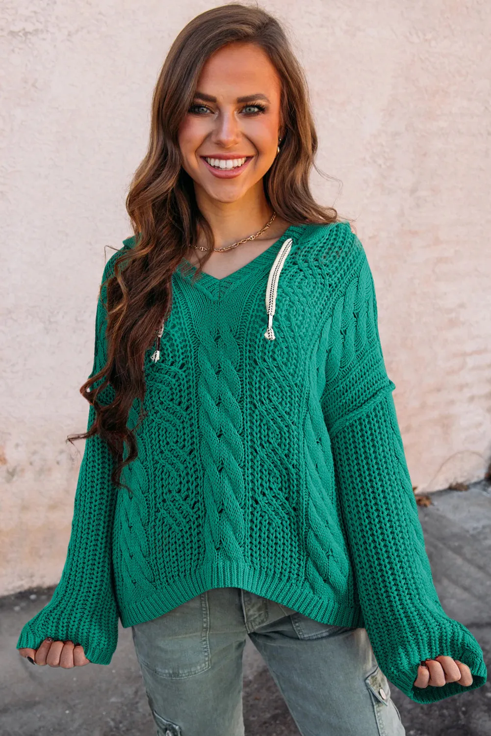 Sea Green Cable Knit V Neck Contrast Drawstring Hooded Sweater sold by eAura product image thumbnail 2