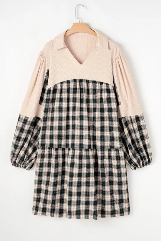 Black Plaid Waffle Knit Patchwork Collared V Neck Plus Size Mini Dress sold by eAura