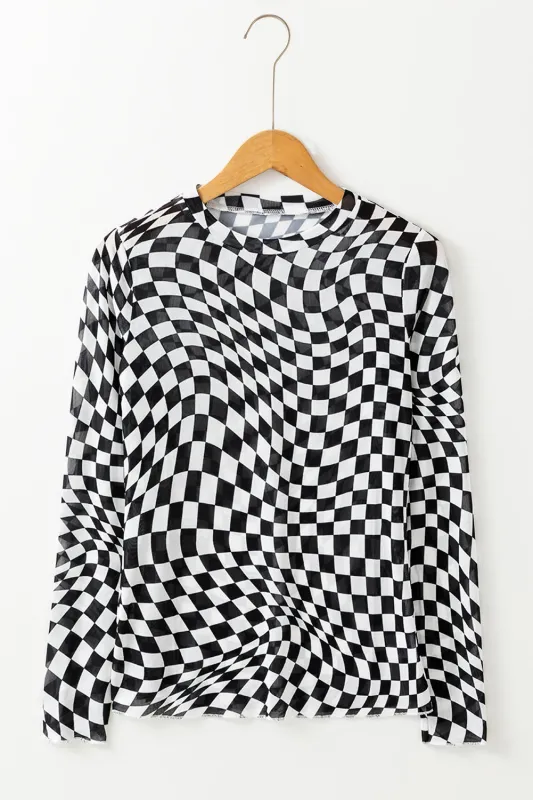 Black Checkered Pattern Mesh Mock Neck Long Sleeve Top sold by eAura