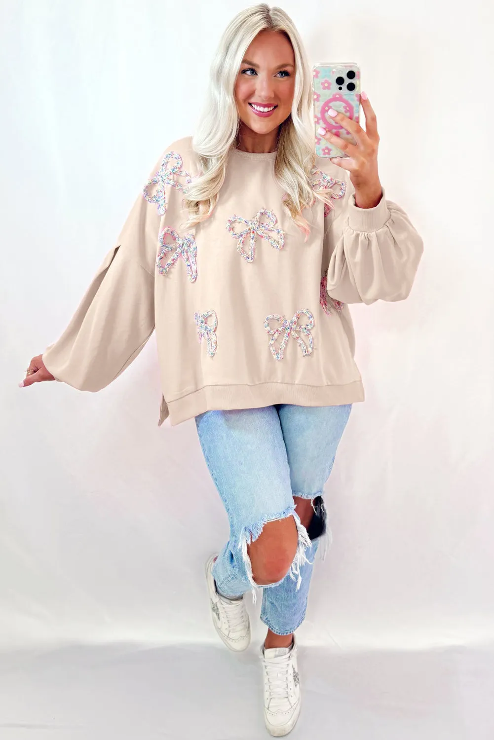 Parchment Embroidered Bow Lantern Sleeve Oversized Pullover Sweatshirt sold by eAura product image thumbnail 3