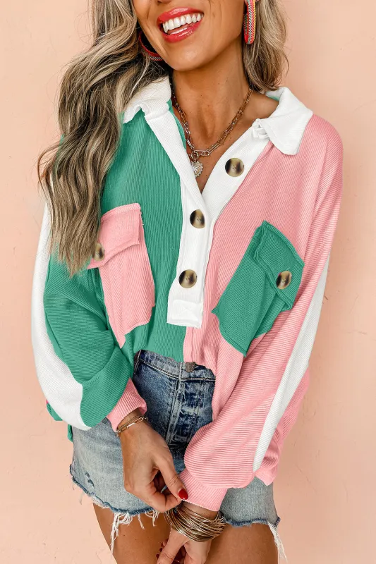 Pink Colourblock Ribbed Collared Oversized Sweatshirt sold by eAura