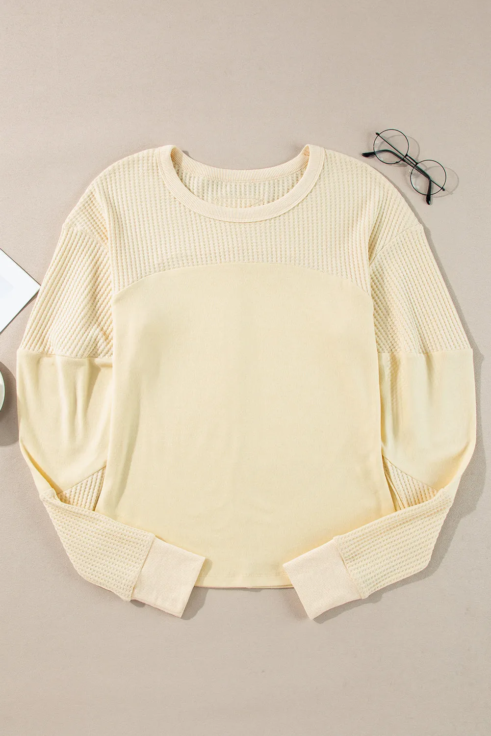 Beige Thermal Knit Patchwork Exposed Seam Long Sleeve Top sold by eAura product image thumbnail 3