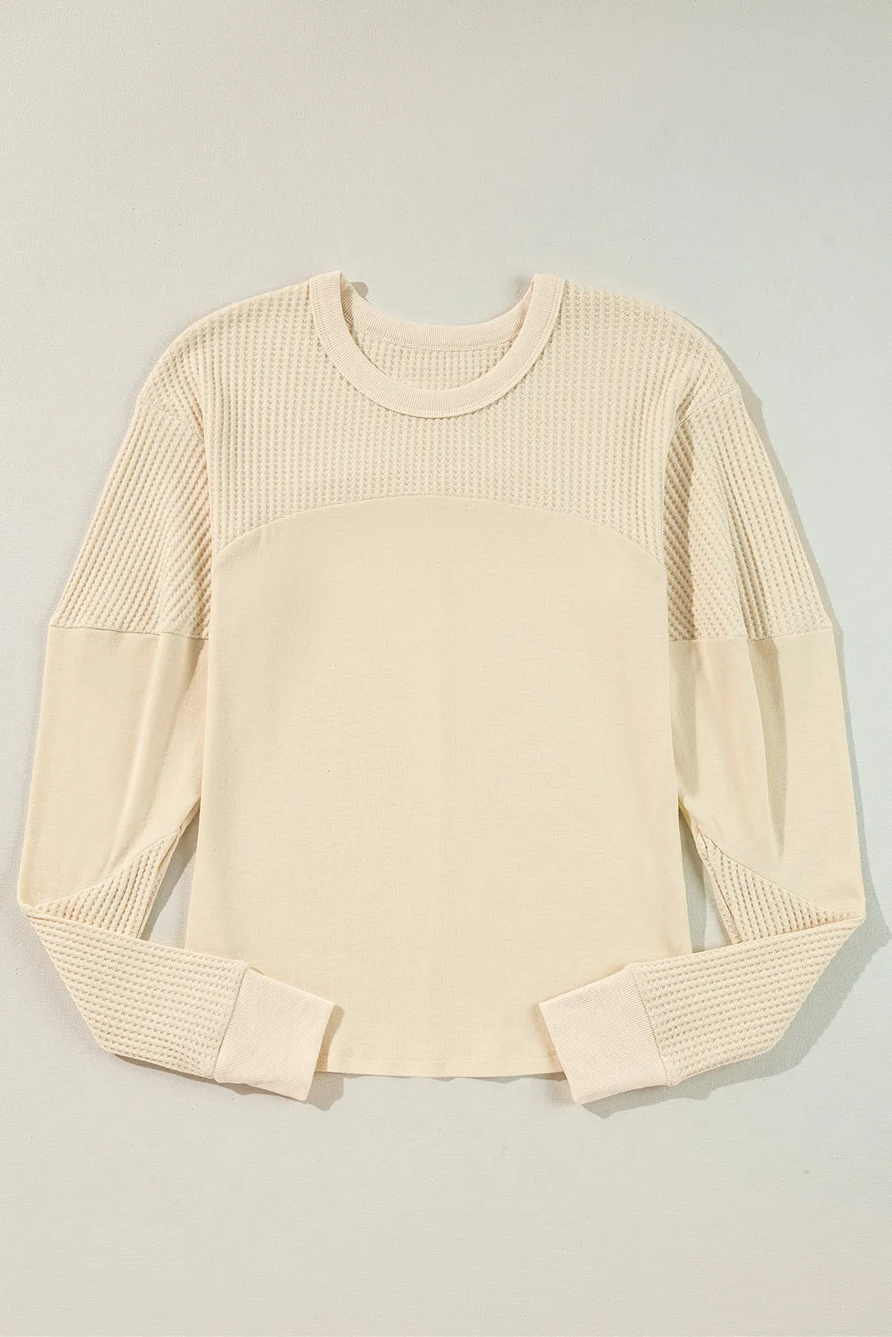 Beige Thermal Knit Patchwork Exposed Seam Long Sleeve Top sold by eAura product image thumbnail 4