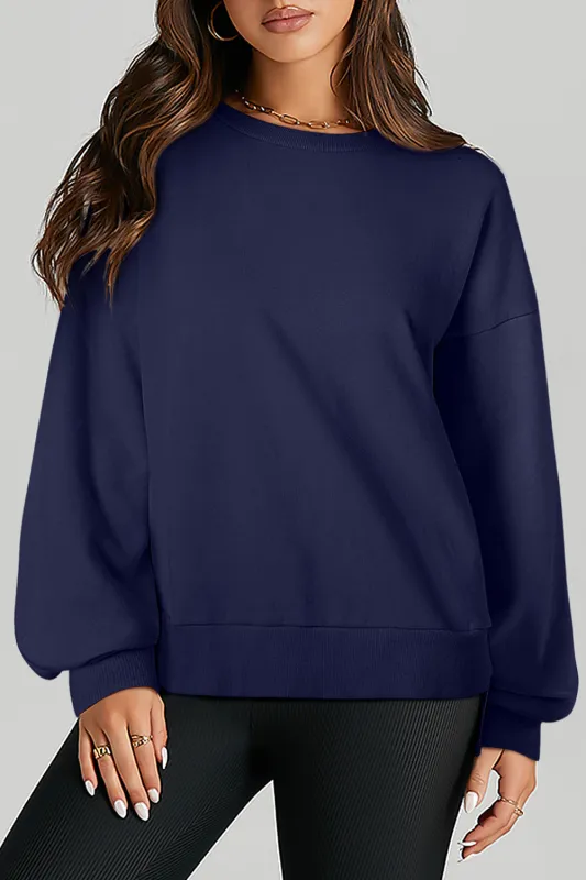 Navy Blue Solid O Neck High Low Hem Pullover Sweatshirt sold by eAura