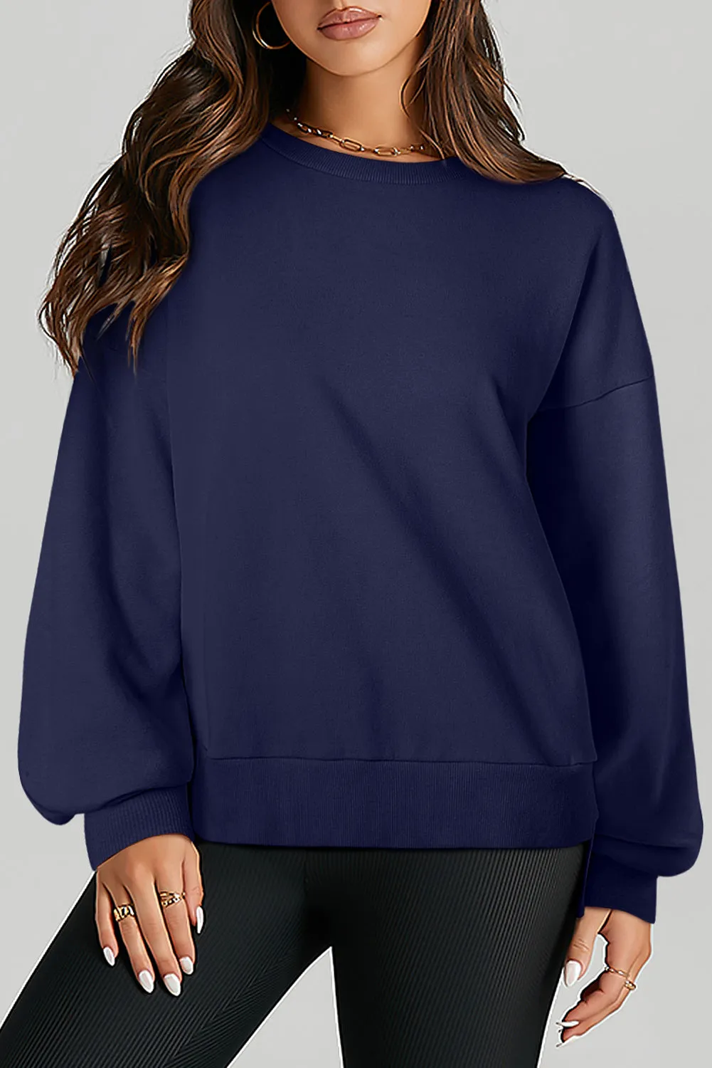 Navy Blue Solid O Neck High Low Hem Pullover Sweatshirt sold by eAura