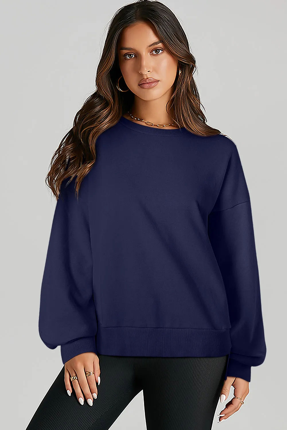 Navy Blue Solid O Neck High Low Hem Pullover Sweatshirt sold by eAura product image thumbnail 3