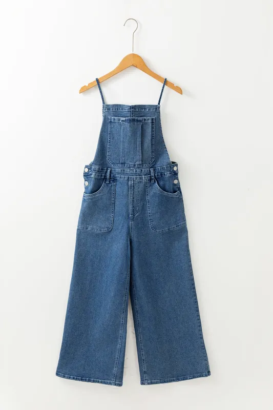 Dusk Blue Adjustable Tie Straps Cropped Wide Leg Denim Overalls sold by eAura