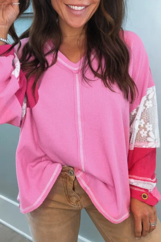Bonbon Lace Floral Patchwork Sleeve Stitching V Neck Rib Knit Blouse sold by eAura