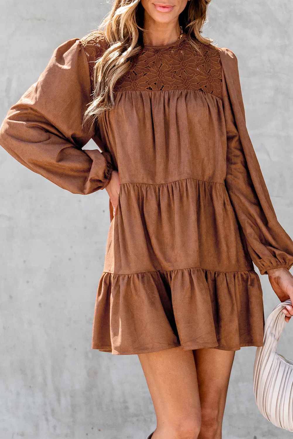 Chestnut Floral Lace Crochet Tiered Ruffled Mini Dress sold by eAura product image thumbnail 3